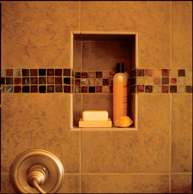 
Recycled glass tile accents the shower perfectly.
